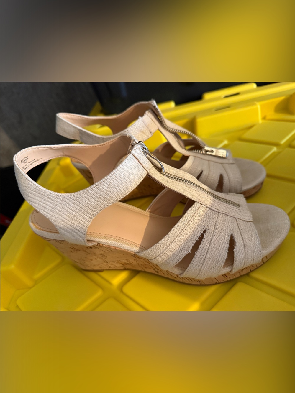 Neutral Linen-Look Wedge Sandals with Front Zip